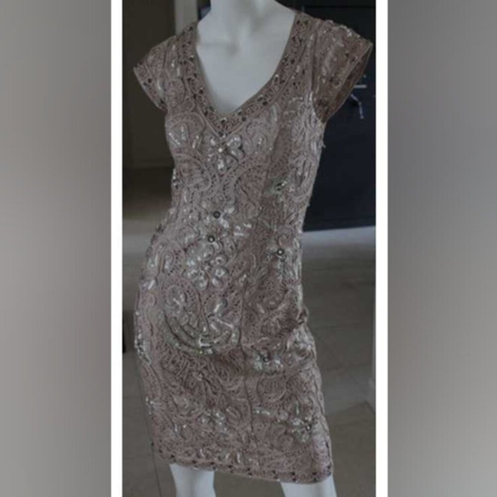 Size 2 tan/toffee colored soutache lace midi or knee-length cocktail Sue Wong
